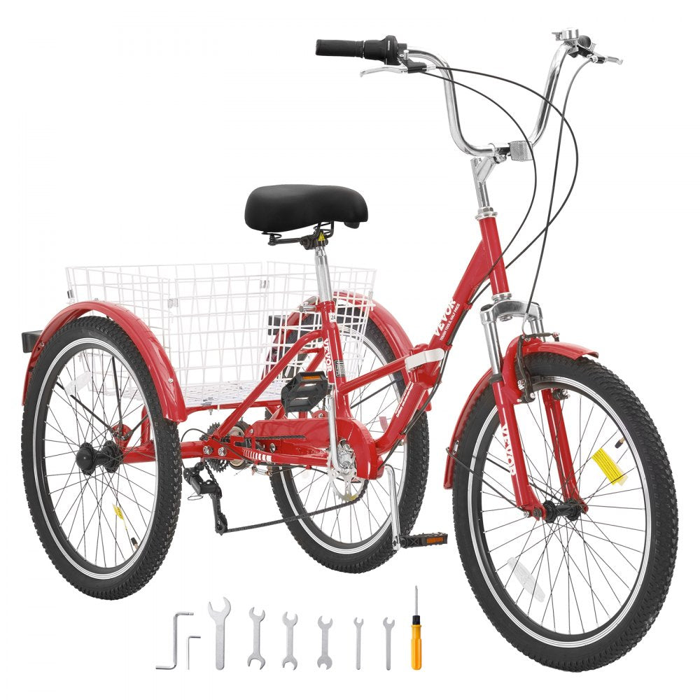 VEVOR Folding Adult Tricycle, 26-Inch 7-Speed Adult Folding Trikes, Carbon Steel 3 Wheel Cruiser Bike with Basket & Adjustable Seat, Shopping Picnic Foldable Tricycles for Women, Men, Seniors (Red)
