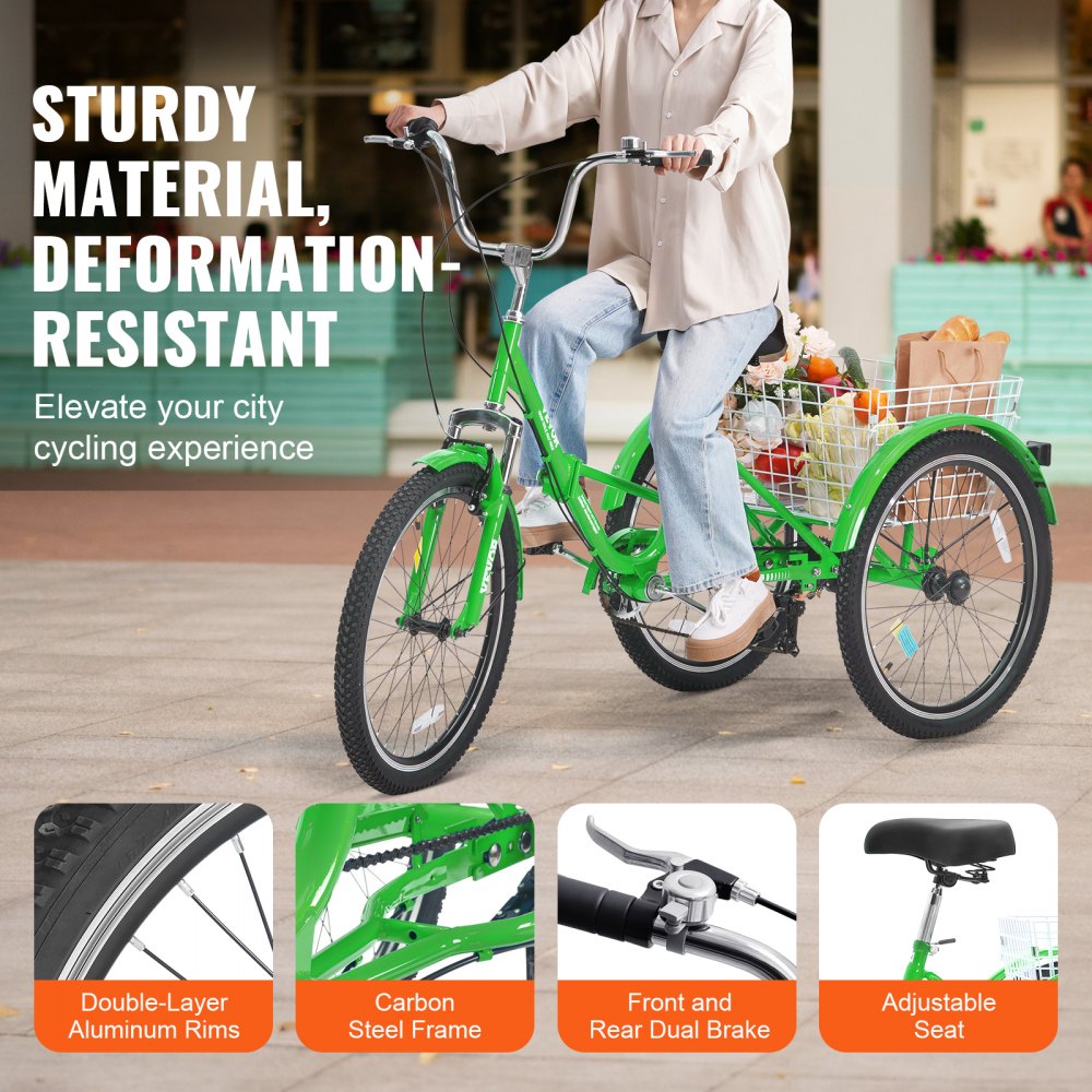 VEVOR Folding Adult Tricycle, 26-Inch 7-Speed Adult Folding Trikes, Carbon Steel 3 Wheel Cruiser Bike with Basket & Adjustable Seat, Shopping Picnic Foldable Tricycles for Women, Men, Seniors (Green)