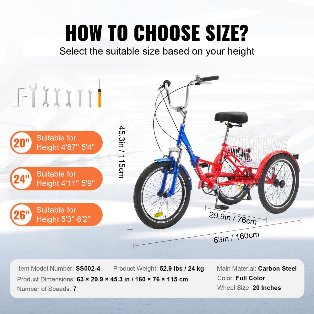 VEVOR Folding Adult Tricycle, 20-Inch 7-Speed Adult Folding Trikes, Carbon Steel 3 Wheel Cruiser Bike with Large Basket & Adjustable Seat, Shopping Picnic Foldable Tricycles for Women, Men, Seniors