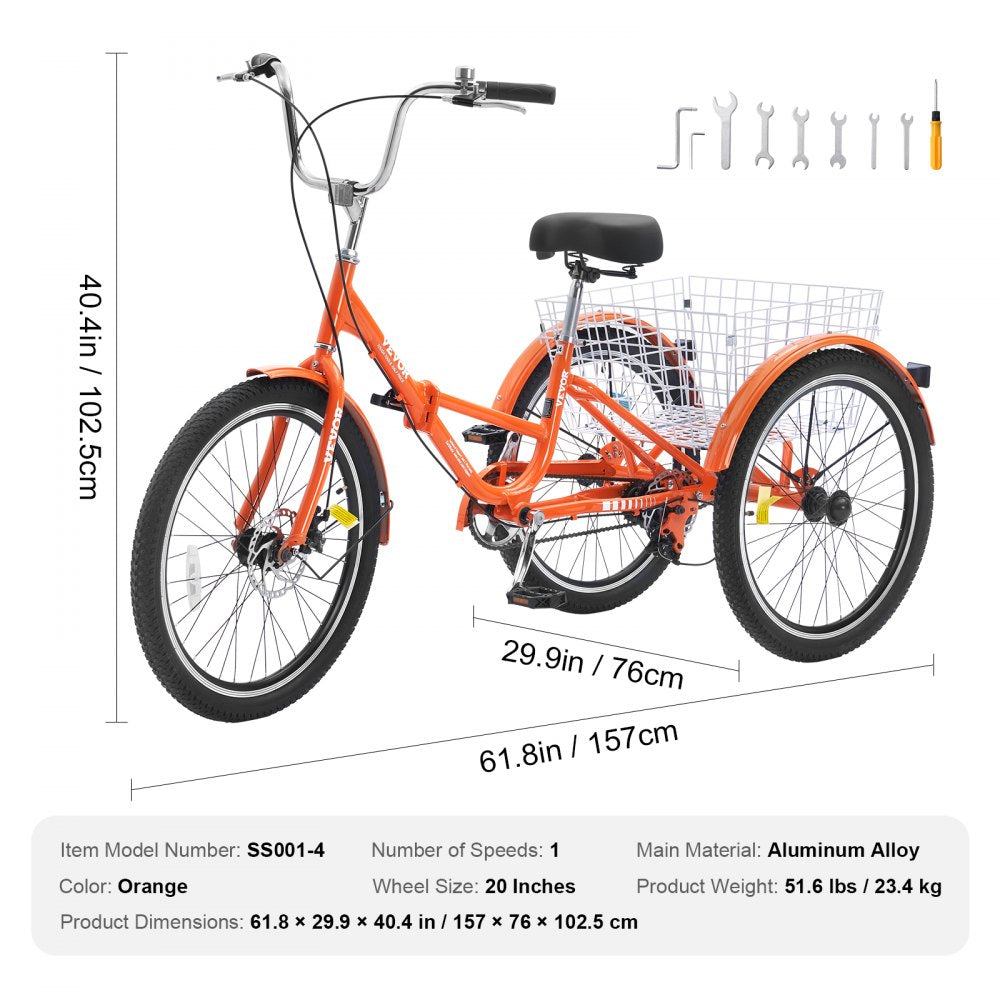 VEVOR Folding Adult Tricycle, 20-Inch Adult Folding Trikes, Lightweight Aluminum Alloy 3 Wheel Cruiser Bike with Large Rear Basket, Shopping Picnic Foldable Tricycles for Adults, Women, Men, Seniors