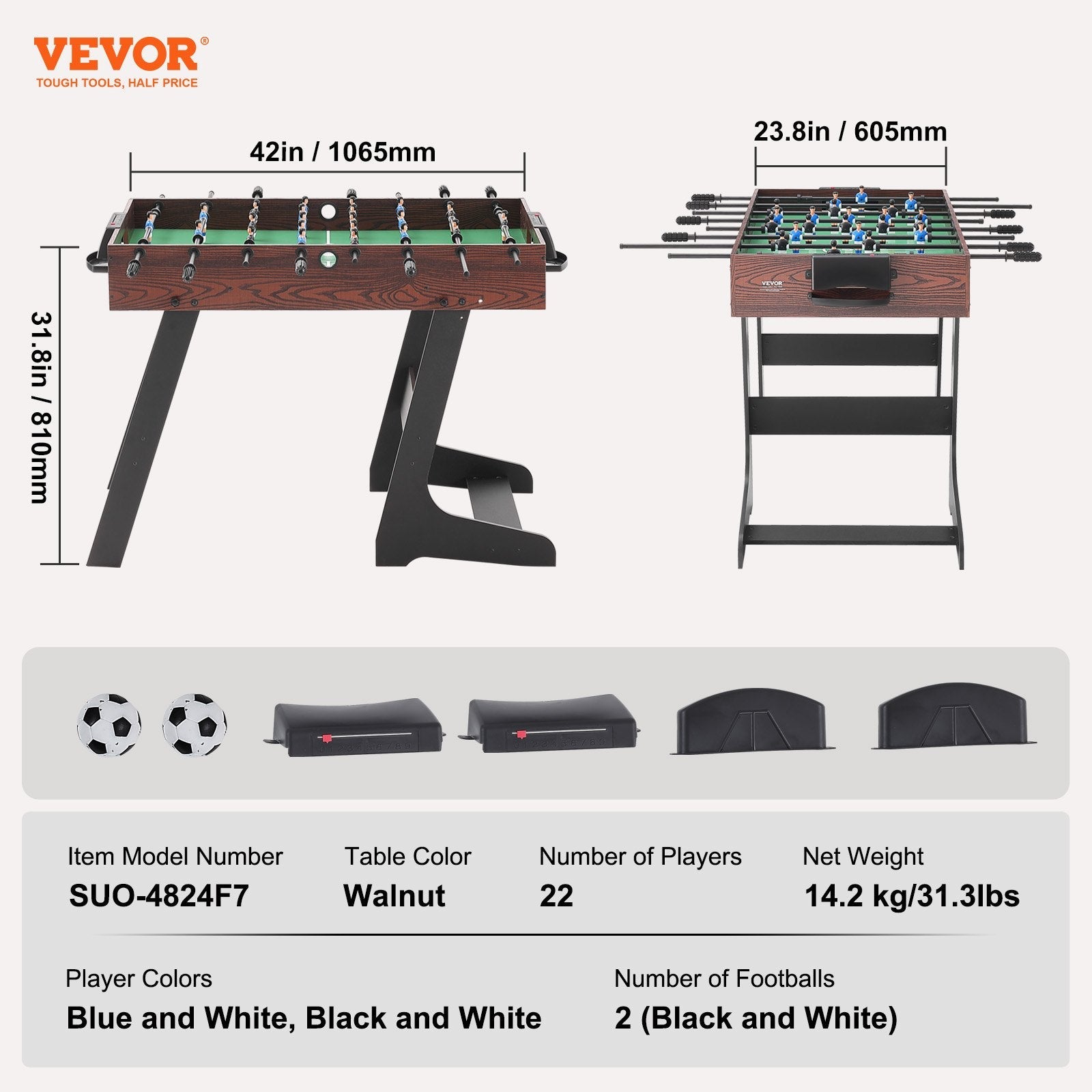 VEVOR Folding Foosball Table, 42 inch Standard Size Foosball Table, Indoor Full Size Foosball Table for Home, Family, and Game Room, Soccer with Foosball Table Set, Includes 2 Balls