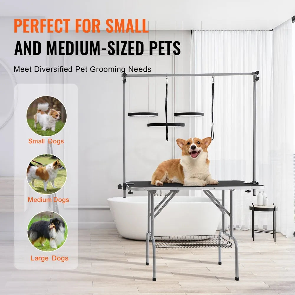 VEVOR Pet Grooming Table Two Arms with Clamp, 46'' Dog Grooming Station, Foldable Pets Grooming Stand for Medium and Small Dogs, Free No Sit Haunch Holder with Grooming Loop, Bearing 330lbs
