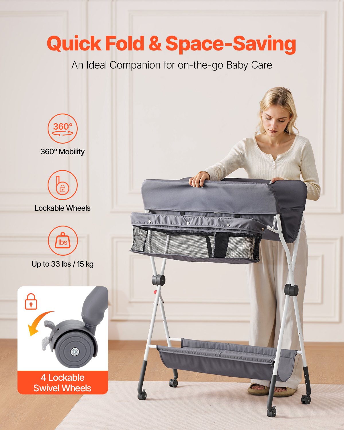 VEVOR Foldable Baby Changing Diaper Station with Side Basket & Wheels Dark Gray