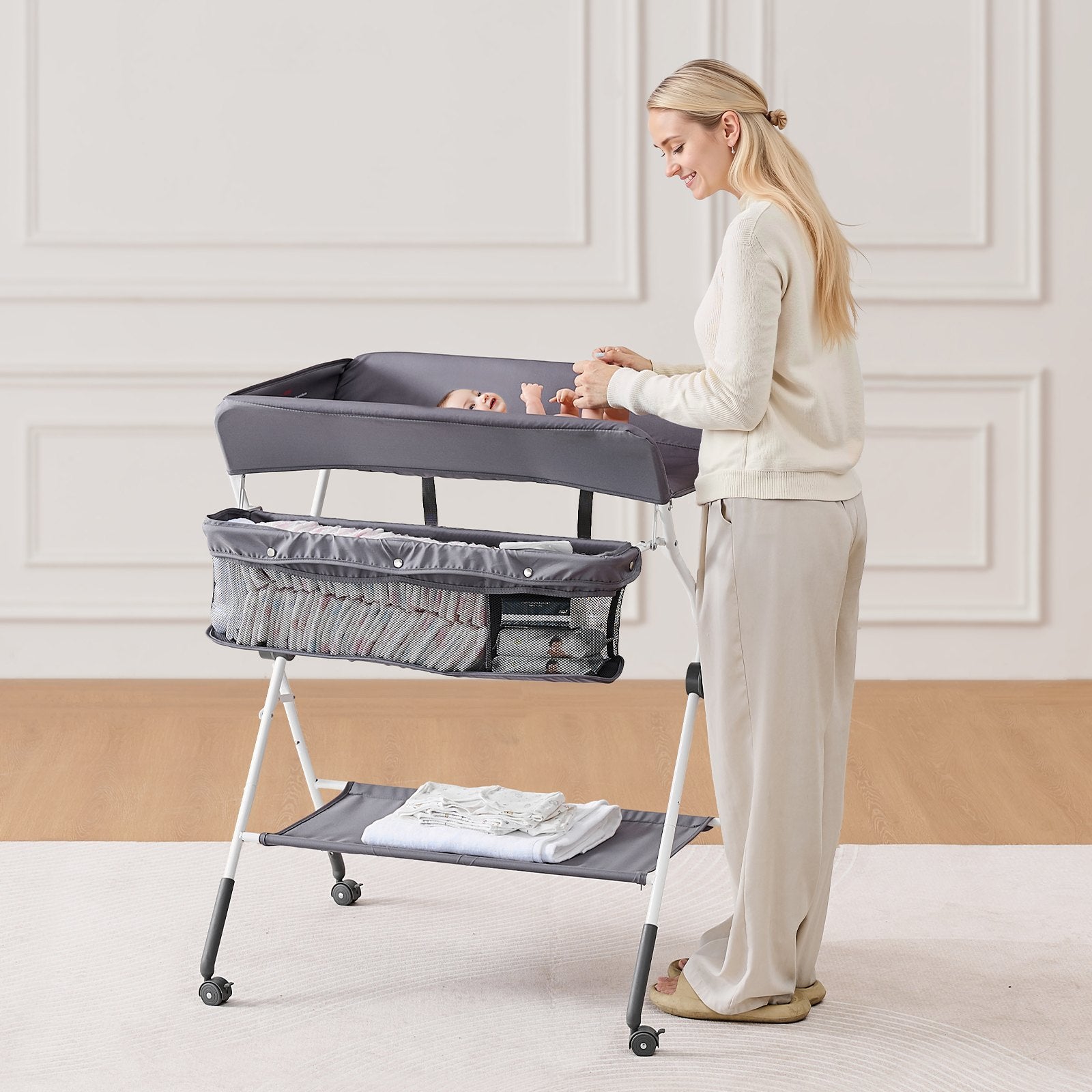 VEVOR Foldable Baby Changing Diaper Station with Side Basket & Wheels Dark Gray
