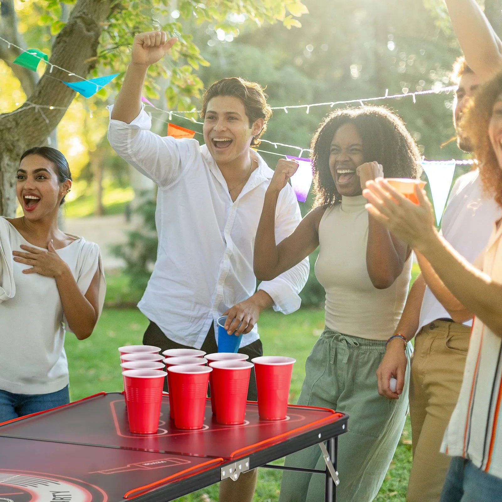 8 ft Portable LED Beer Pong Table with Adjustable Height, Foldable Design, Carry Handles & 6 Ping Pong Balls