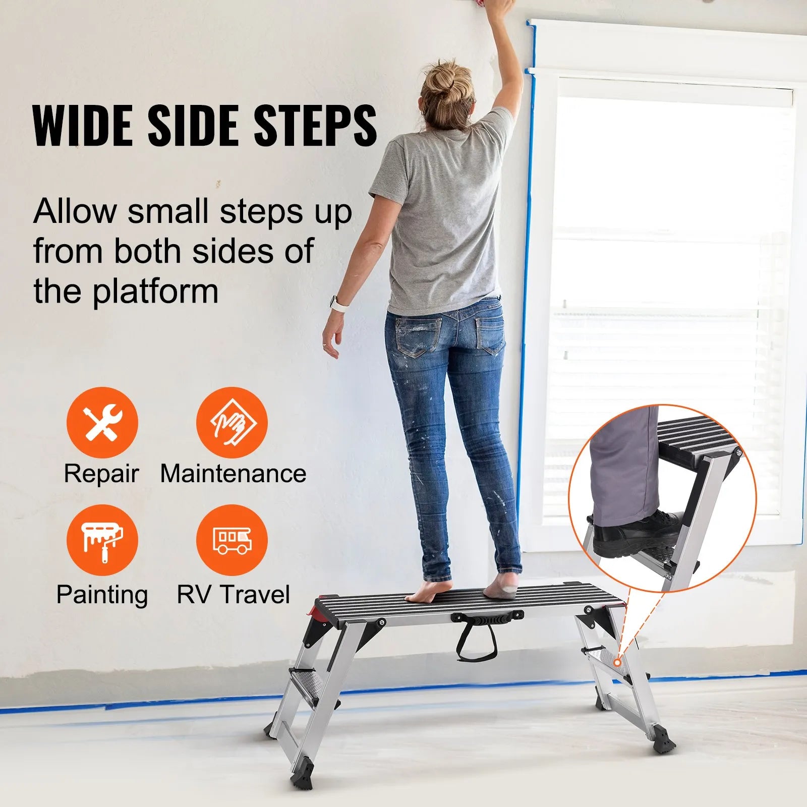 VEVOR Folding Work Platform, 660 lbs Load Capacity, Aluminum Drywall Stool Ladder, Heavy Duty Work Bench w/ Non-Slip Feet, Ideal for Washing Vehicles, Cleaning, Painting, Decorating