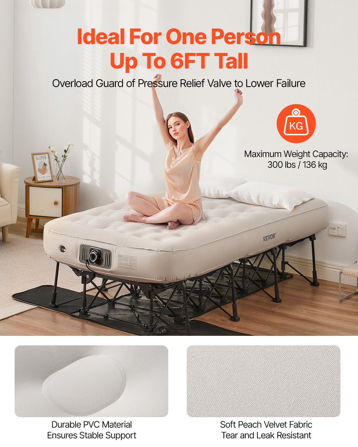 VEVOR Air Mattress with Frame & Built-in Pump 1 Person Inflatable Mattress 300lb