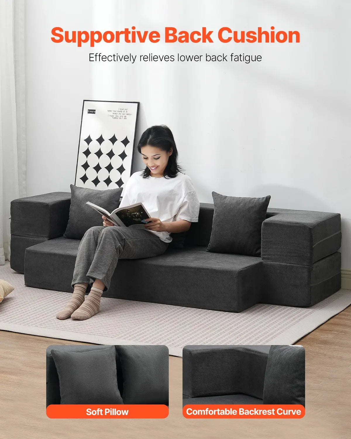 VEVOR Folding Sofa Bed 3-in-1 Foldable Couch Bed with 3 Pillows Dark Grey Twin