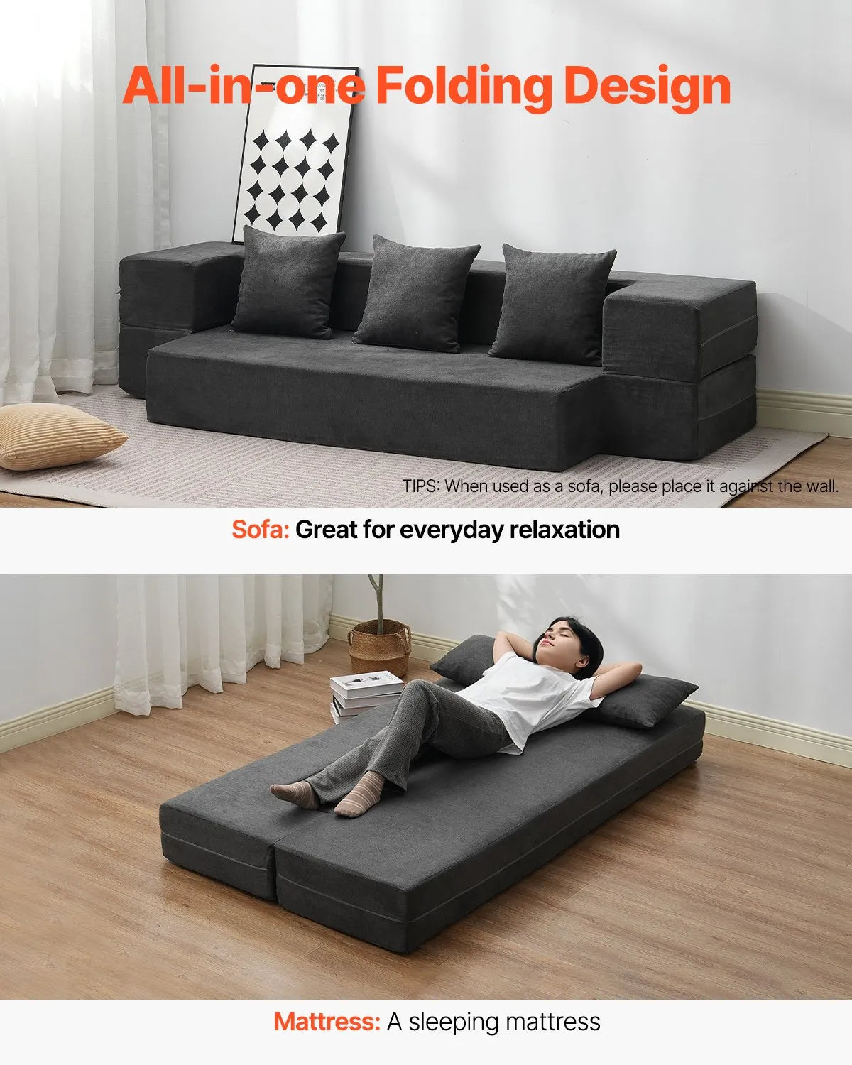 VEVOR Folding Sofa Bed 3-in-1 Foldable Couch Bed with 3 Pillows Dark Grey Twin