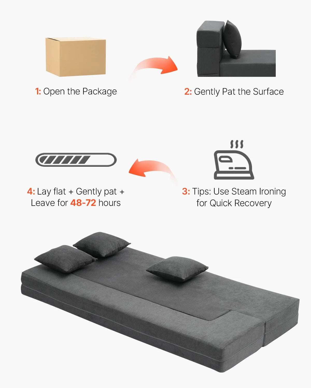 VEVOR Folding Sofa Bed 3-in-1 Foldable Couch Bed with 3 Pillows Dark Grey Twin