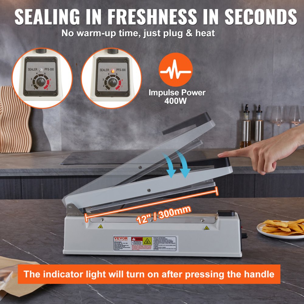 VEVOR Impulse Sealer 12 inch, Manual Heat Sealing Machine with Adjustable Heating Mode, Aluminum Shrink Wrap Bag Sealers for Plastic Mylar PE PP Bags, Portable Poly Bag Sealer with Extra Replace Kit