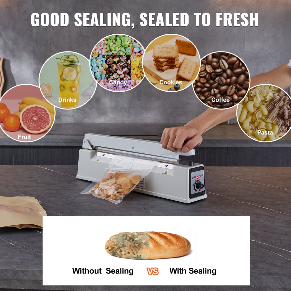 VEVOR Impulse Sealer 12 inch, Manual Heat Sealing Machine with Adjustable Heating Mode, Aluminum Shrink Wrap Bag Sealers for Plastic Mylar PE PP Bags, Portable Poly Bag Sealer with Extra Replace Kit