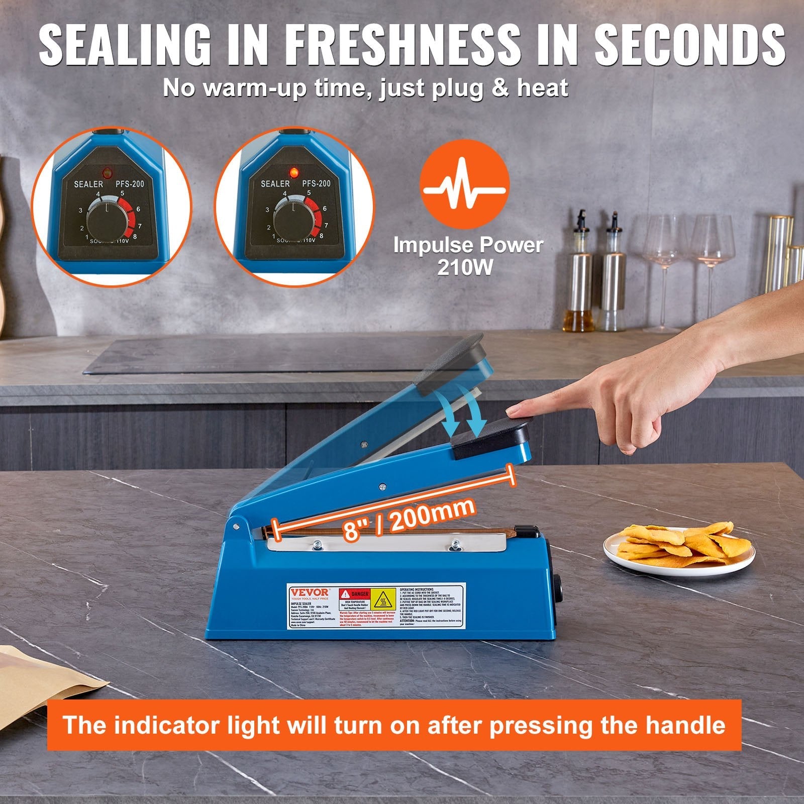 VEVOR Impulse Sealer 8 inch, Manual Heat Seal Machine with Adjustable Heating Mode, ABS Shrink Wrap Bag Sealers for Plastic Mylar PE PP Bags, Portable Poly Bag Sealing Machine with Extra Replace Kit