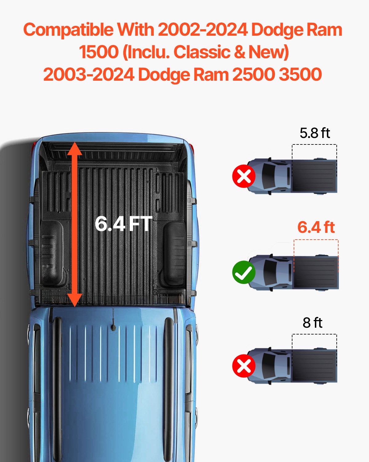 VEVOR Quad-Fold Tonneau Cover Truck Bed Cover for 2002-2024 Dodge Ram 1500 PVC