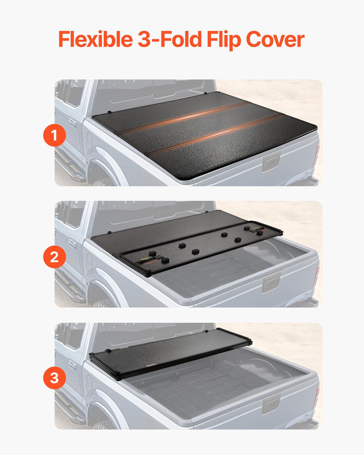 VEVOR Tri-Fold Truck Bed Tonneau Cover, Compatible with 2016-2023 Toyota Tacoma, 5' (60.5") Bed, Only Fit 5.0' x 4.6' (60.5" x 55.0") Inside Bed, 400 lbs Load Capacity, LED Light, Quick Folding, Black