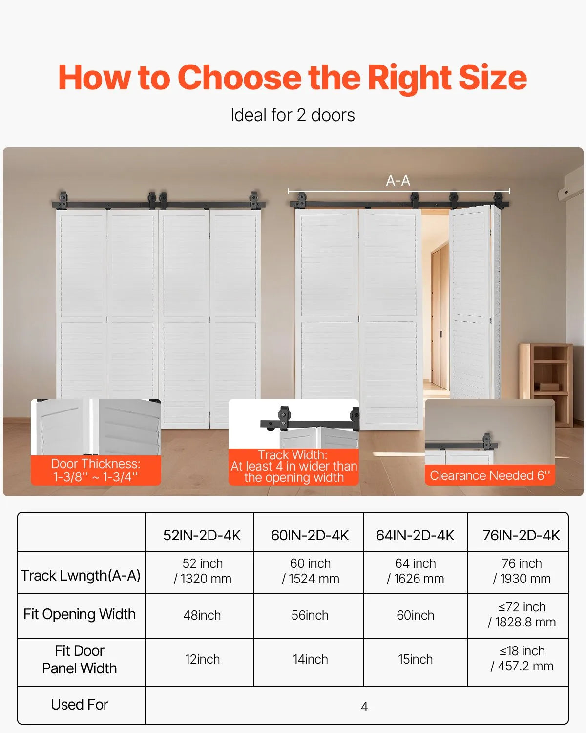 VEVOR Bi-Folding Sliding Barn Door Hardware Track Kit 76" for Four 18" Doors