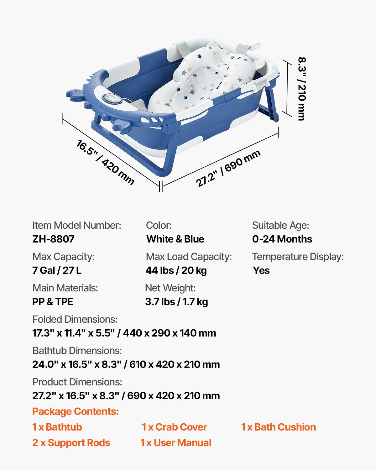 VEVOR Portable Baby Bathtub Durable Baby Bath Tub with Thermometer for Toddlers