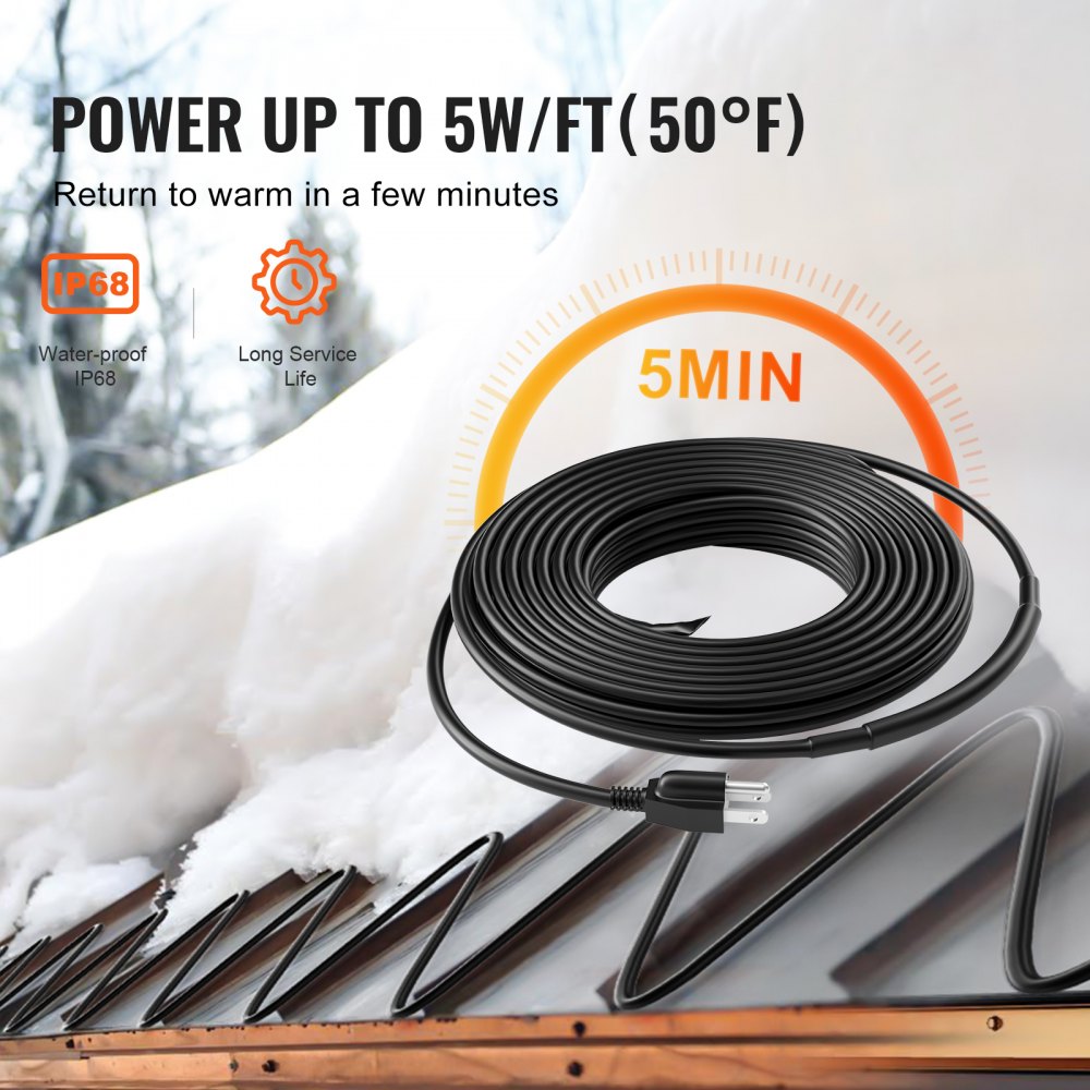 VEVOR Self-Regulating Pipe Heating Cable 12FT 5W/FT Heat Tape for Pipes Roof