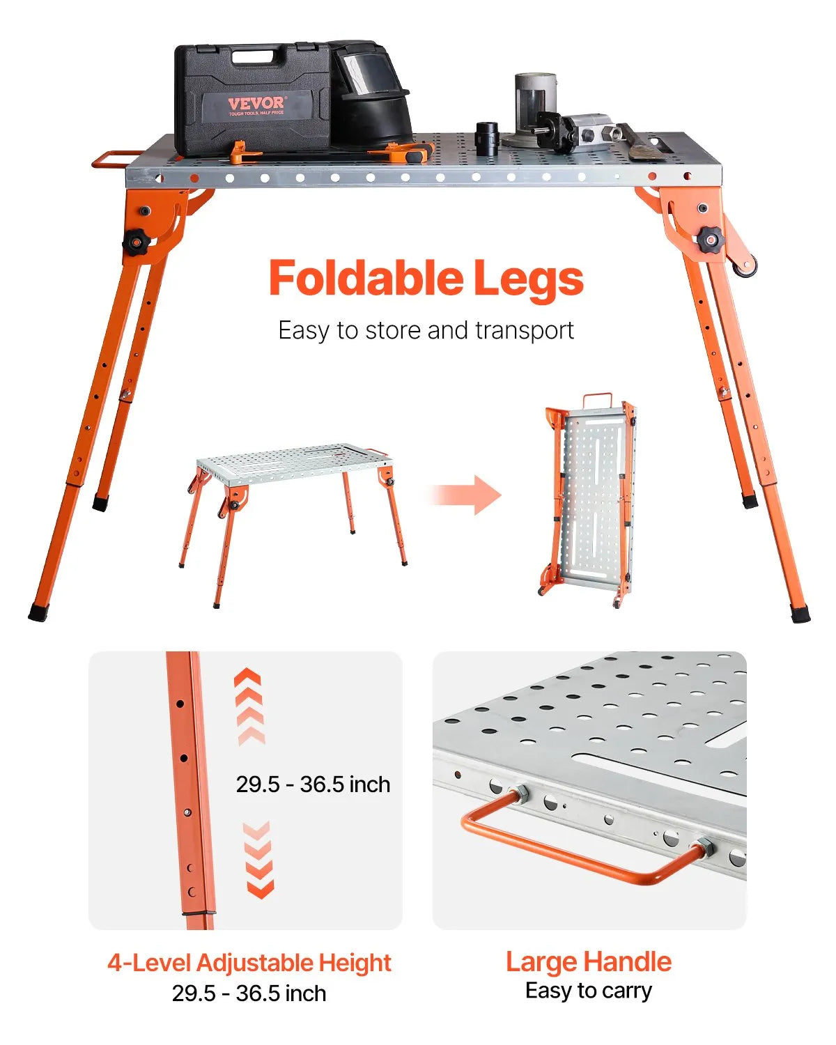 Welding Table 44" x 21" 500LBS Folding Workbench with 4-Level Adjustable Height