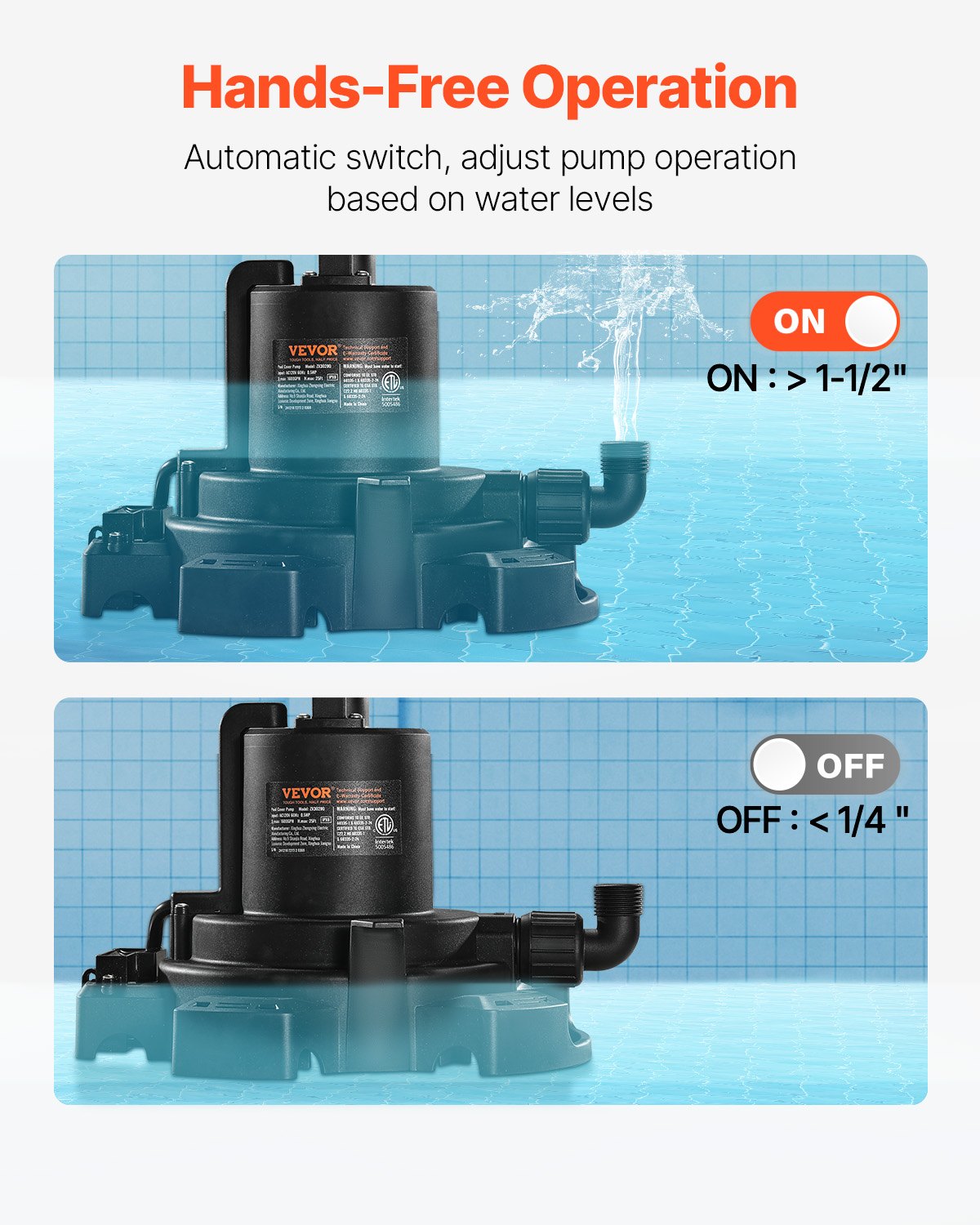 VEVOR Automatic Pool Cover Pump Submersible Swimming 1/2 HP 1600 GPH 25 ft Cord