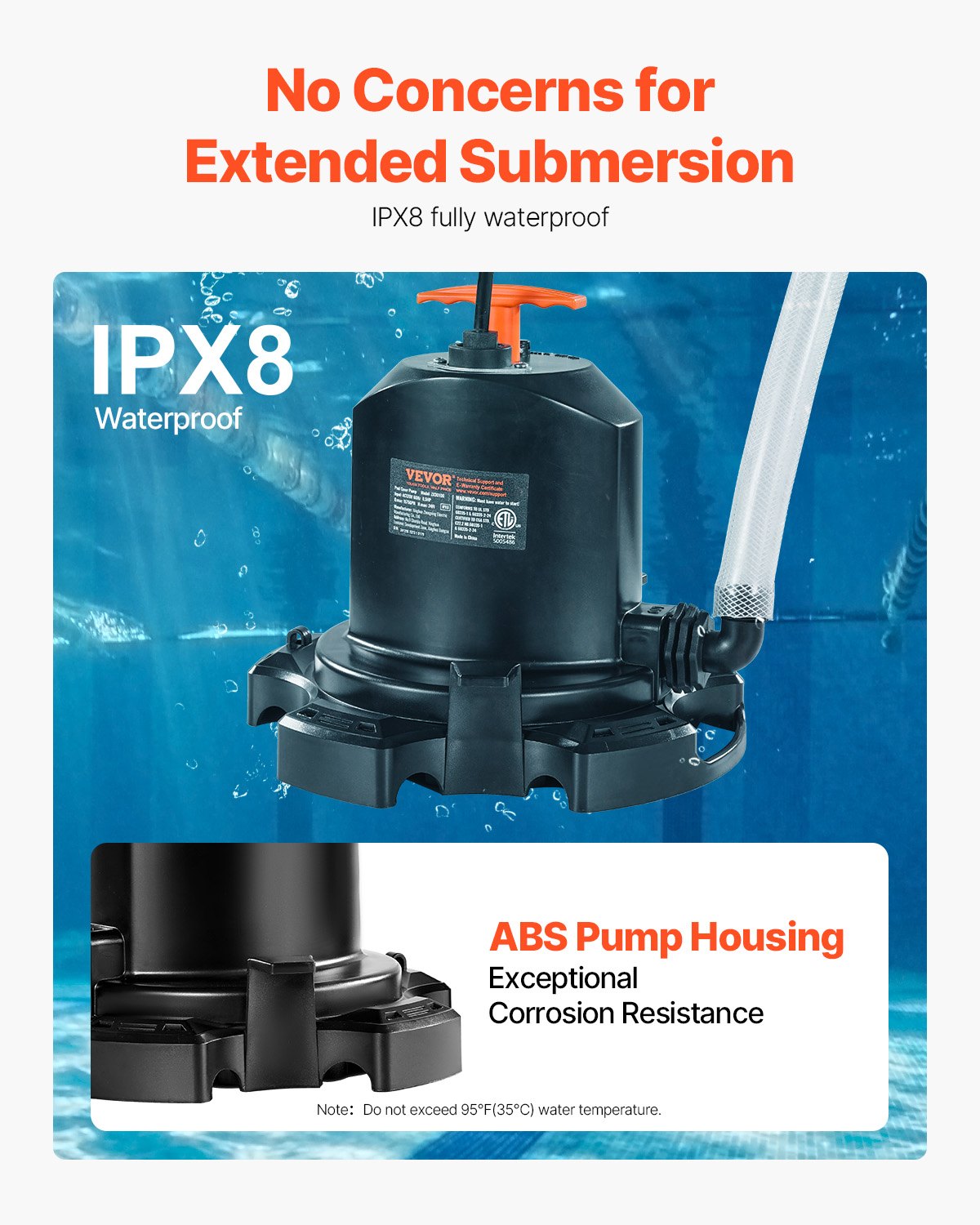 VEVOR Pool Cover Pump Submersible Swimming 1/2 HP 1575 GPH with 25 ft Power Cord