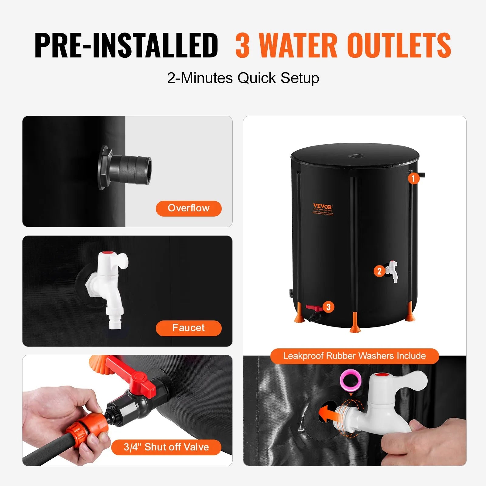 VEVOR Collapsible Rain Barrel, 66 Gallon/250 L Portable Rain Water Collection Barrel, PVC Rainwater Collection System with Spigots and Overflow Kit, Water Barrel for Garden Water Catcher