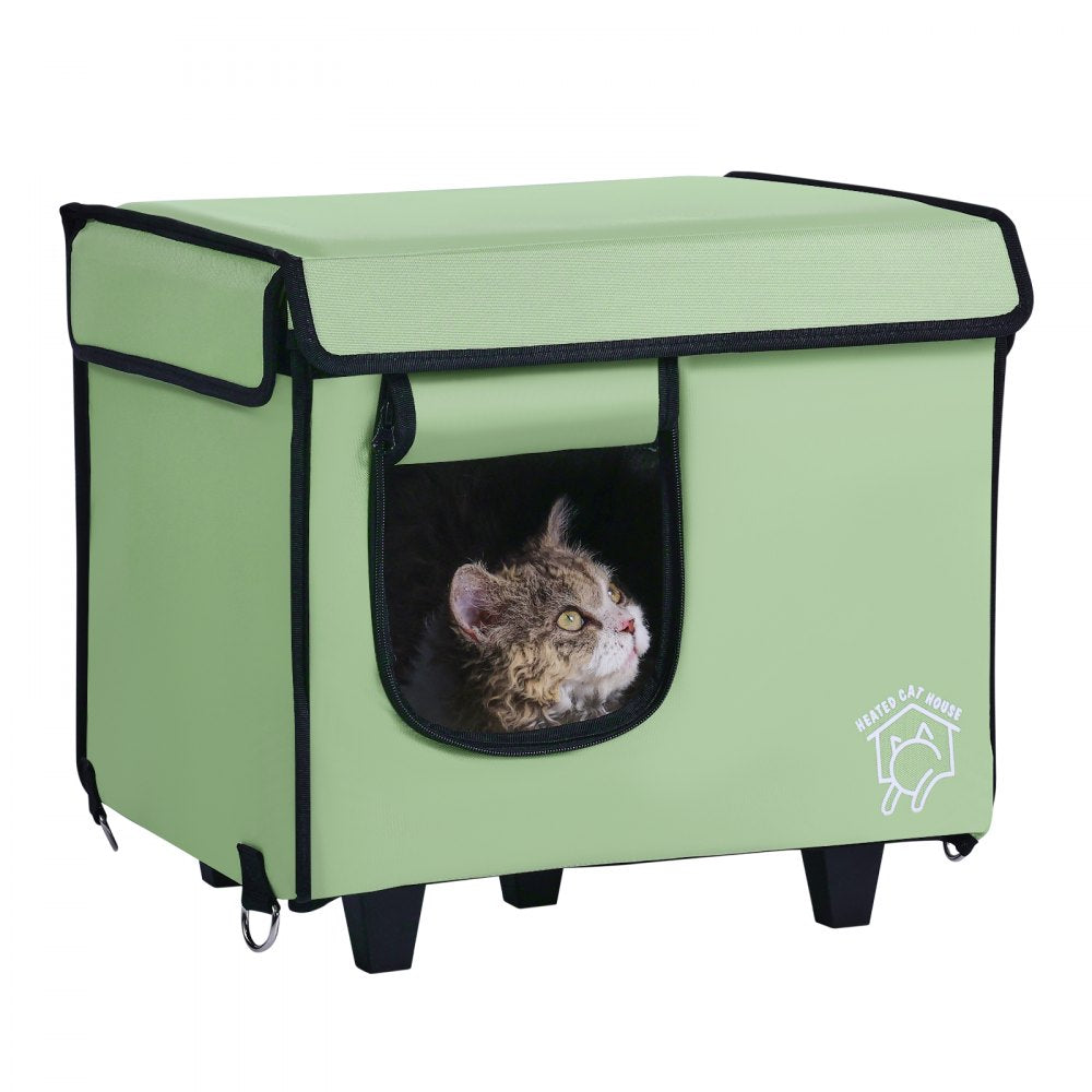 VEVOR Elevated Heated Cat House Cuboid Kitty Shelter with Heated Pad Green (S)
