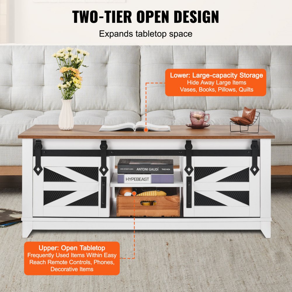 VEVOR 48" Farmhouse Coffee Table 2-tier Rectangle Table with Sliding Barn Doors
