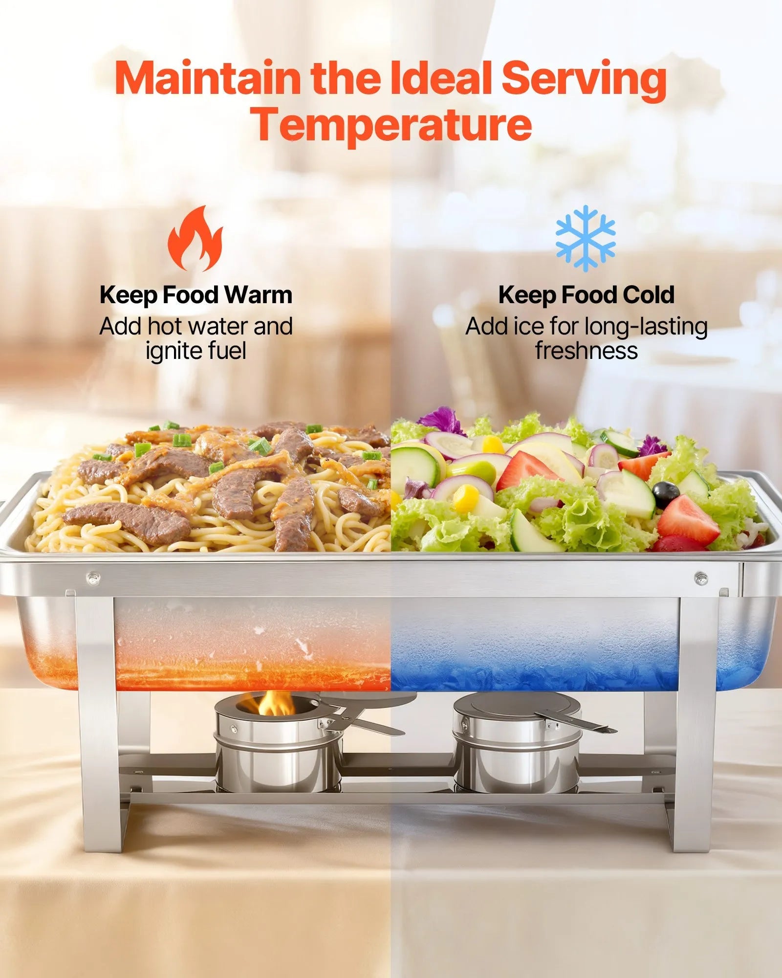 VEVOR Rectangle Chafing Dish, 9 Qt 2 Pack Stainless Steel Chafing Dish, Food Warmer Chafer Complete Set with Hollow Handle, 1 Food Tongs, Lid, Fuel Holder, Chafer Dishes for Banquet Party Wedding