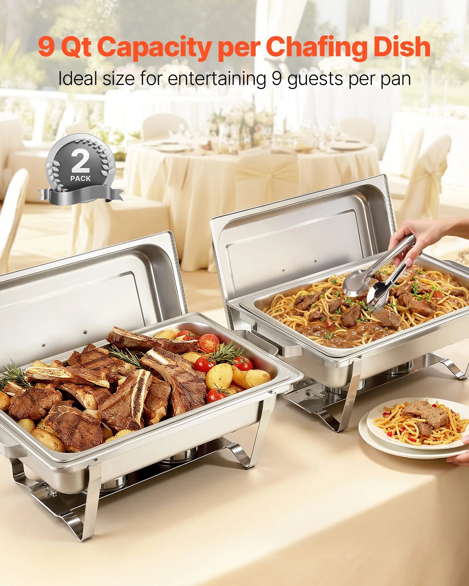 VEVOR Rectangle Chafing Dish, 9 Qt 2 Pack Stainless Steel Chafing Dish, Food Warmer Chafer Complete Set with Hollow Handle, 1 Food Tongs, Lid, Fuel Holder, Chafer Dishes for Banquet Party Wedding