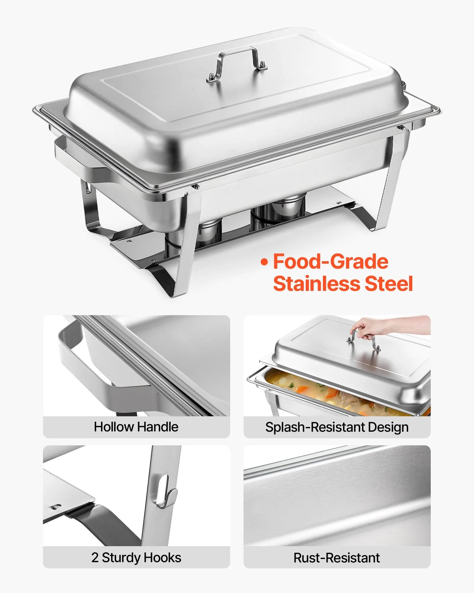 VEVOR Rectangle Chafing Dish, 9 Qt 2 Pack Stainless Steel Chafing Dish, Food Warmer Chafer Complete Set with Hollow Handle, 1 Food Tongs, Lid, Fuel Holder, Chafer Dishes for Banquet Party Wedding