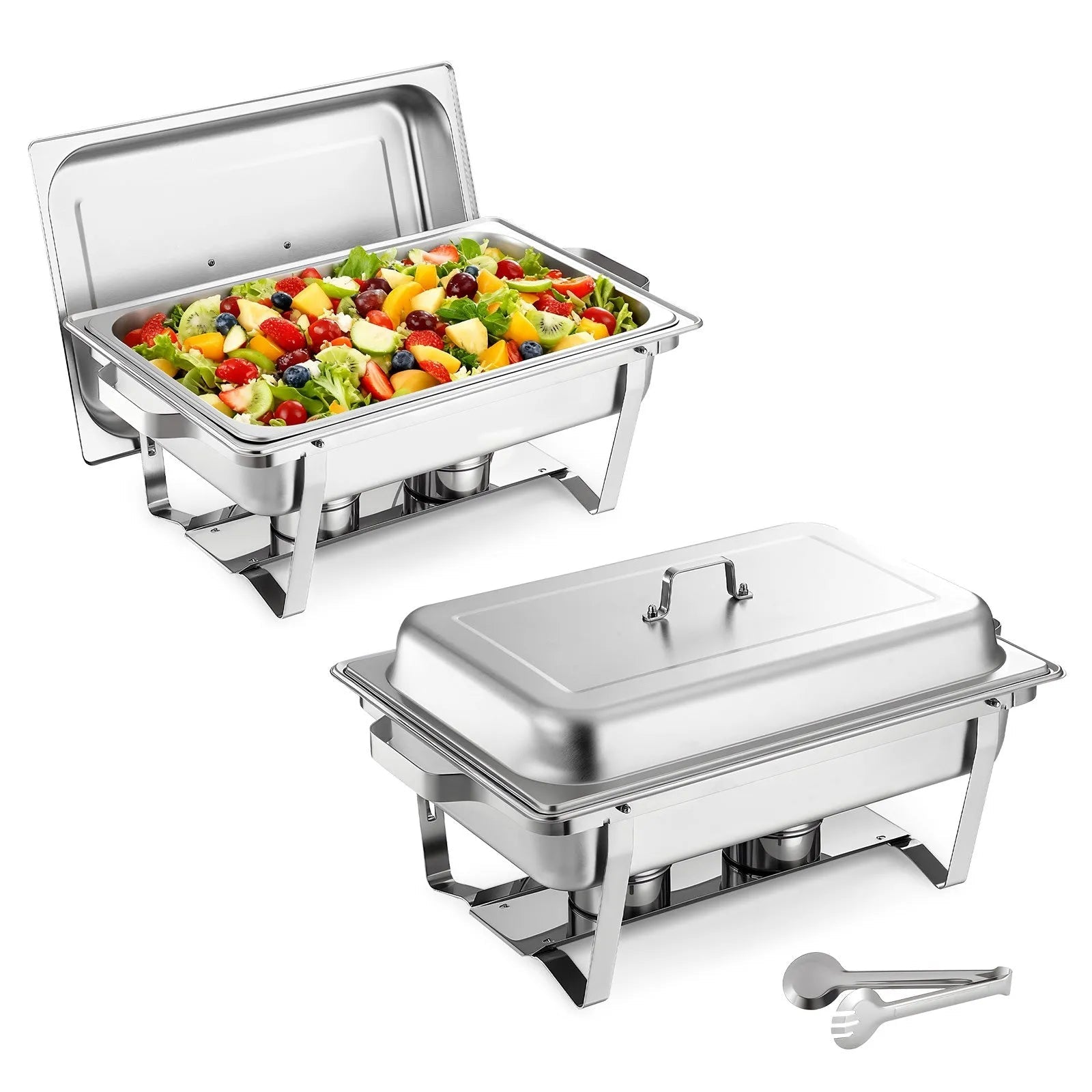 VEVOR Rectangle Chafing Dish, 9 Qt 2 Pack Stainless Steel Chafing Dish, Food Warmer Chafer Complete Set with Hollow Handle, 1 Food Tongs, Lid, Fuel Holder, Chafer Dishes for Banquet Party Wedding