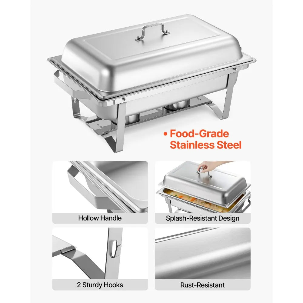 VEVOR Rectangle Chafing Dish, 9 Qt 4 Pack Stainless Steel Chafing Dish, Food Warmer Chafer Complete Set with Hollow Handle, 2 Food Tongs, Lid, Fuel Holder, Chafer Dishes for Banquet Party Wedding