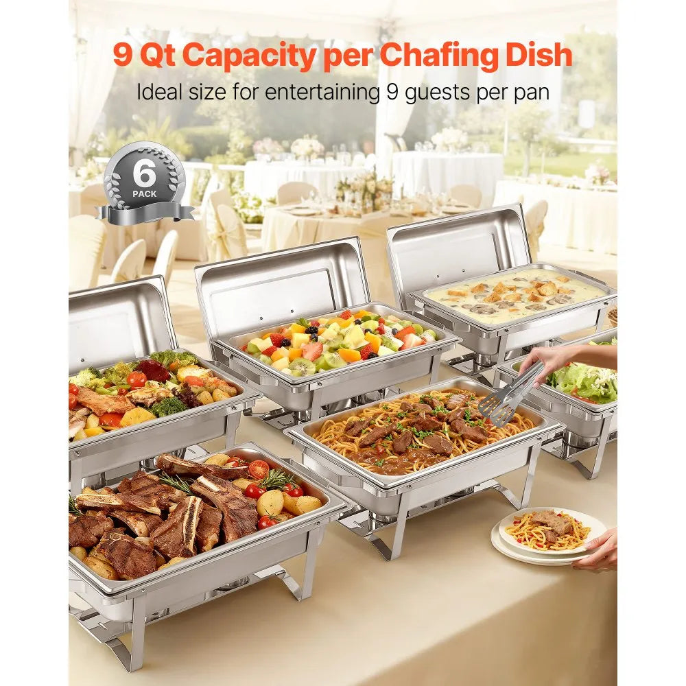 VEVOR Rectangle Chafing Dish, 9 Qt 6 Pack Stainless Steel Chafing Dish, Food Warmer Chafer Complete Set with Hollow Handle, 3 Food Tongs, Lid, Fuel Holder, Chafer Dishes for Banquet Party Wedding