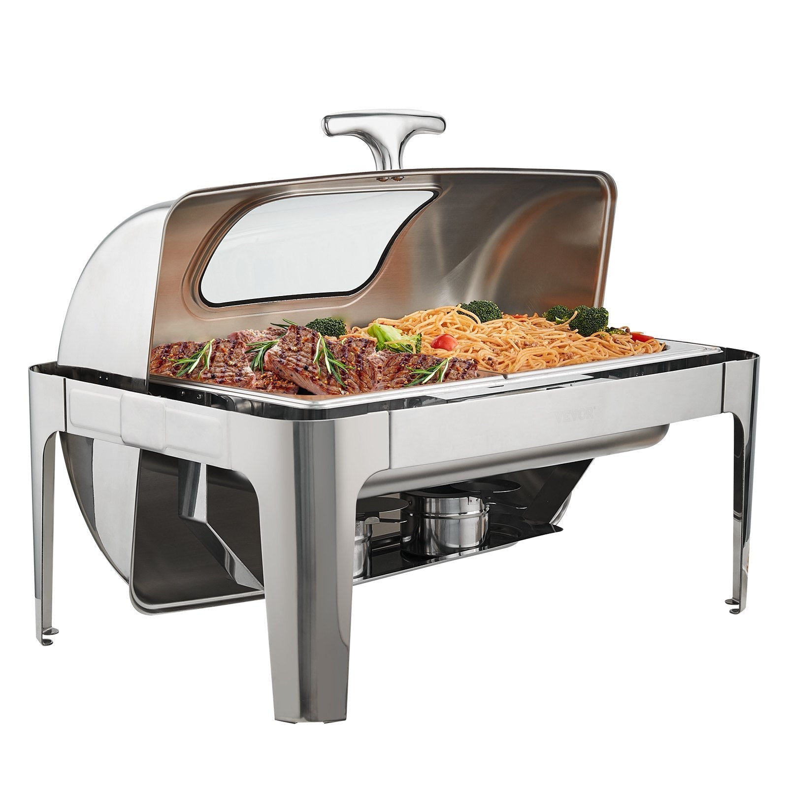 VEVOR Rectangle Roll Top Chafing Dish with 9Qt Pan Visual Glass Lid Fuel Holder