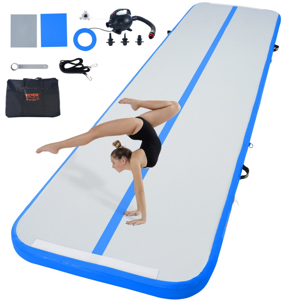 VEVOR Gymnastics Air Mat, 4 inch Thickness Inflatable Gymnastics Tumbling Mat, Tumble Track with Electric Pump, Training Mats for Home Use/Gym/Yoga/Cheerleading/Beach/Park/Water, 13 ft, Blue