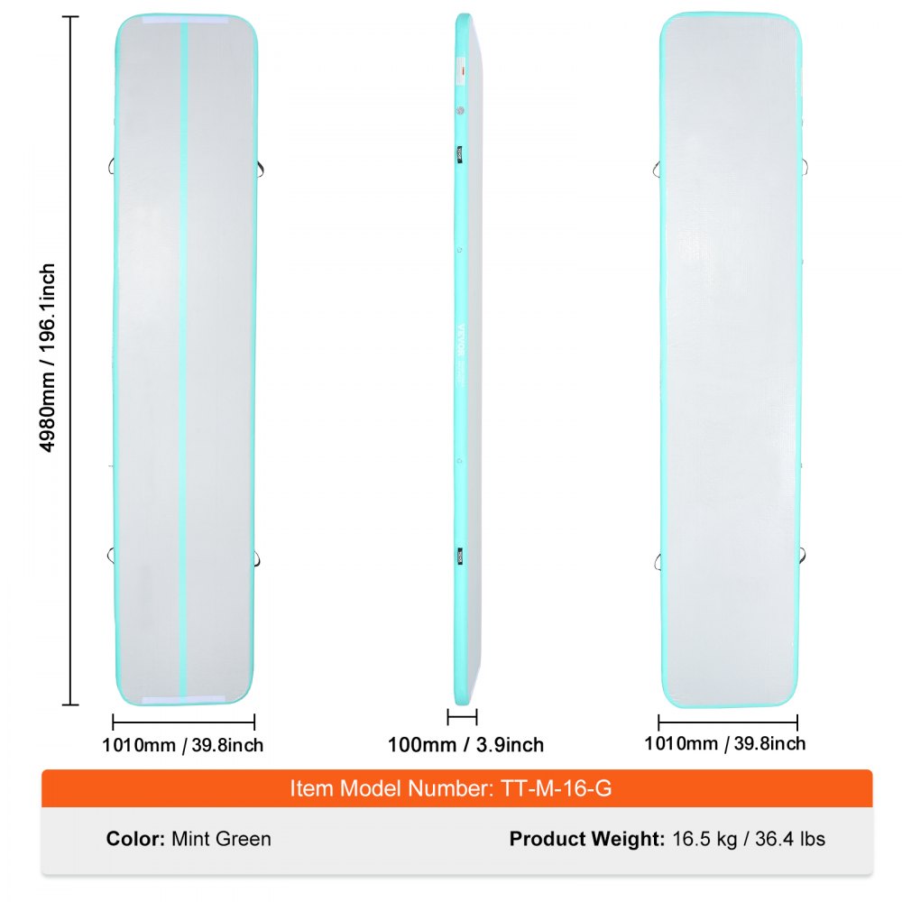 VEVOR Gymnastics Air Mat, 4 inch Thickness Inflatable Gymnastics Tumbling Mat, Tumble Track with Electric Pump, Training Mats for Home Use/Gym/Yoga/Cheerleading/Beach/Park/Water, 16 ft, Mint Green