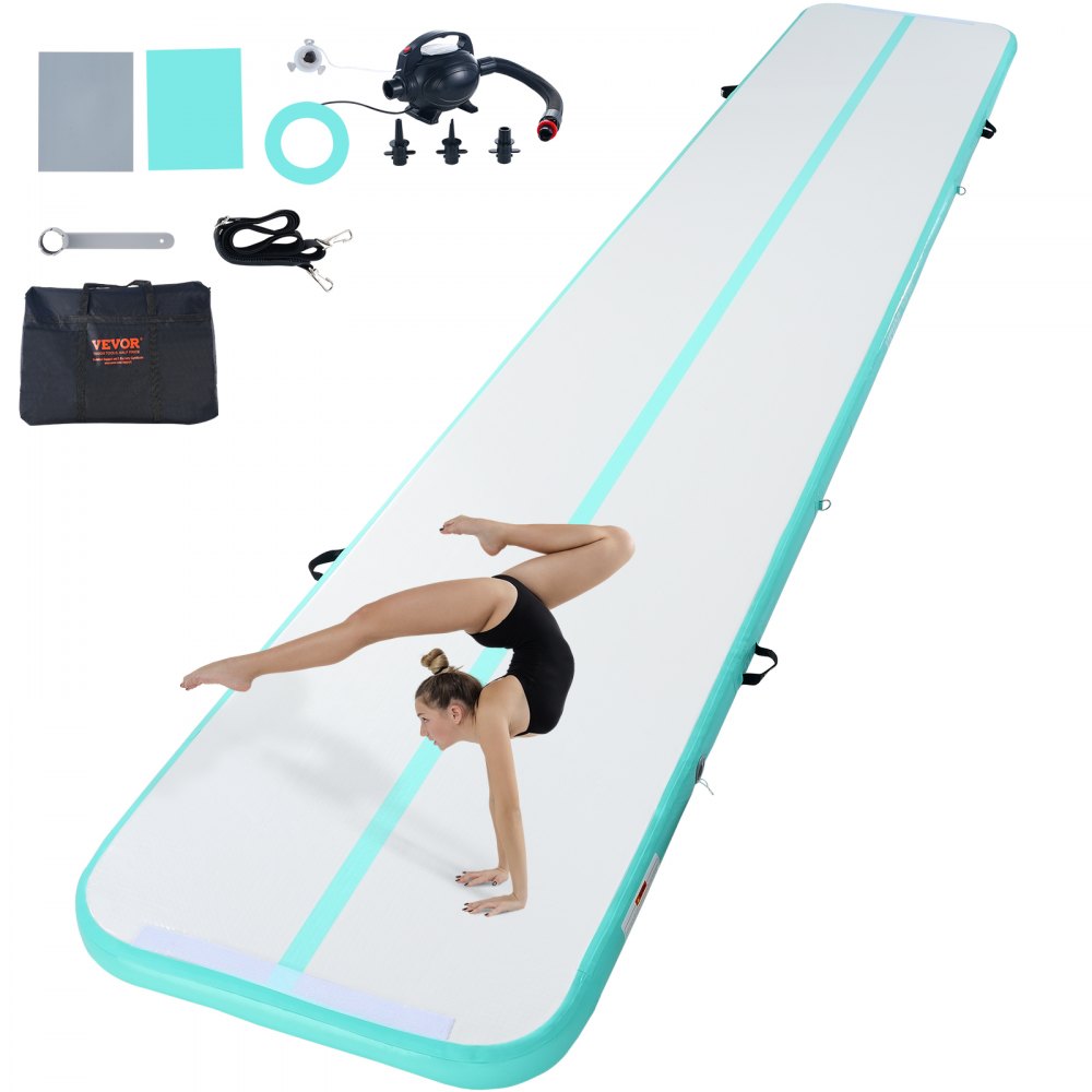 VEVOR Gymnastics Air Mat, 4 inch Thickness Inflatable Gymnastics Tumbling Mat, Tumble Track with Electric Pump, Training Mats for Home Use/Gym/Yoga/Cheerleading/Beach/Park/Water, 20 ft, Mint Green
