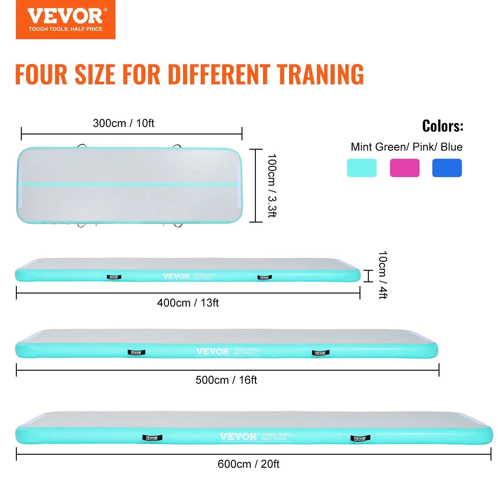 VEVOR Gymnastics Air Mat, 4 inch Thickness Inflatable Gymnastics Tumbling Mat, Tumble Track with Electric Pump, Training Mats for Home Use/Gym/Yoga/Cheerleading/Beach/Park/Water, 10 ft, Mint Green