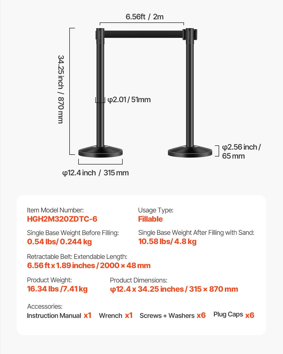 VEVOR 6 Pcs Stanchion Post with 4 Retractable Belts & Sand Injection Hollow Base