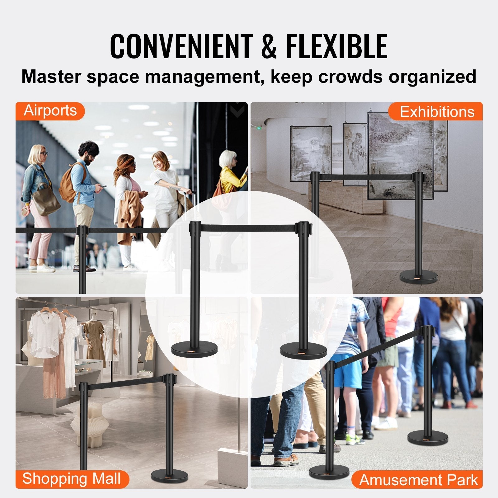VEVOR Crowd Control Stanchions, 2-Pack Crowd Control Barriers, Carbon Steel Baking Painted Stanchion Queue Post with 6.5FT Black Retractable Belt, Belt Barriers Line Divider for Exhibition, Airport