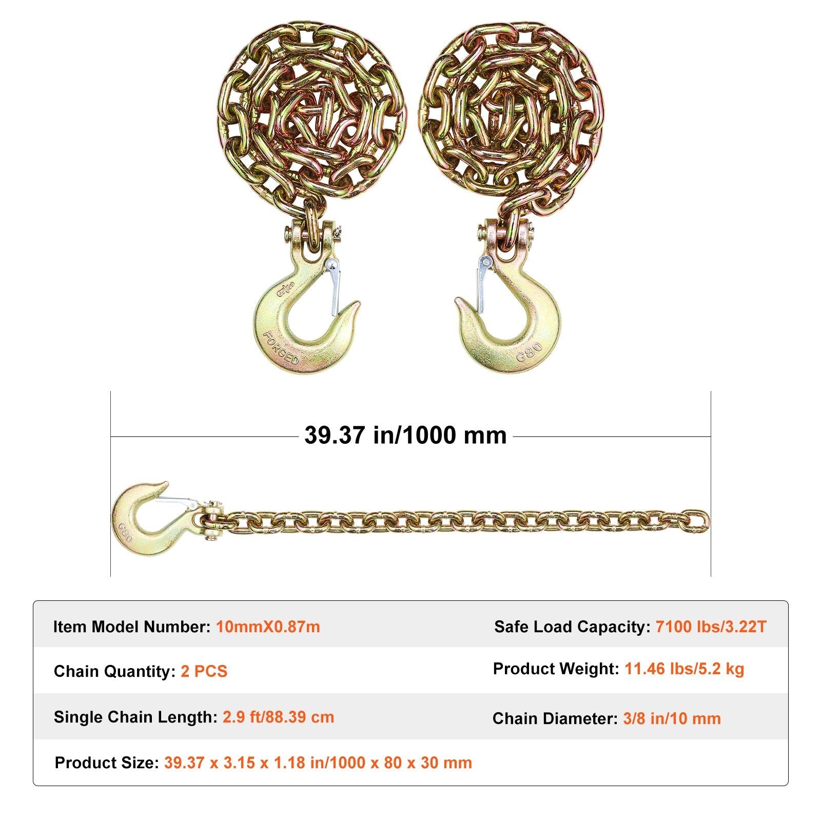 VEVOR Binder Chain G80 Tie Down Tow Chain with Hook 3/8" x 2.9' 2 Pack 7100 lbs