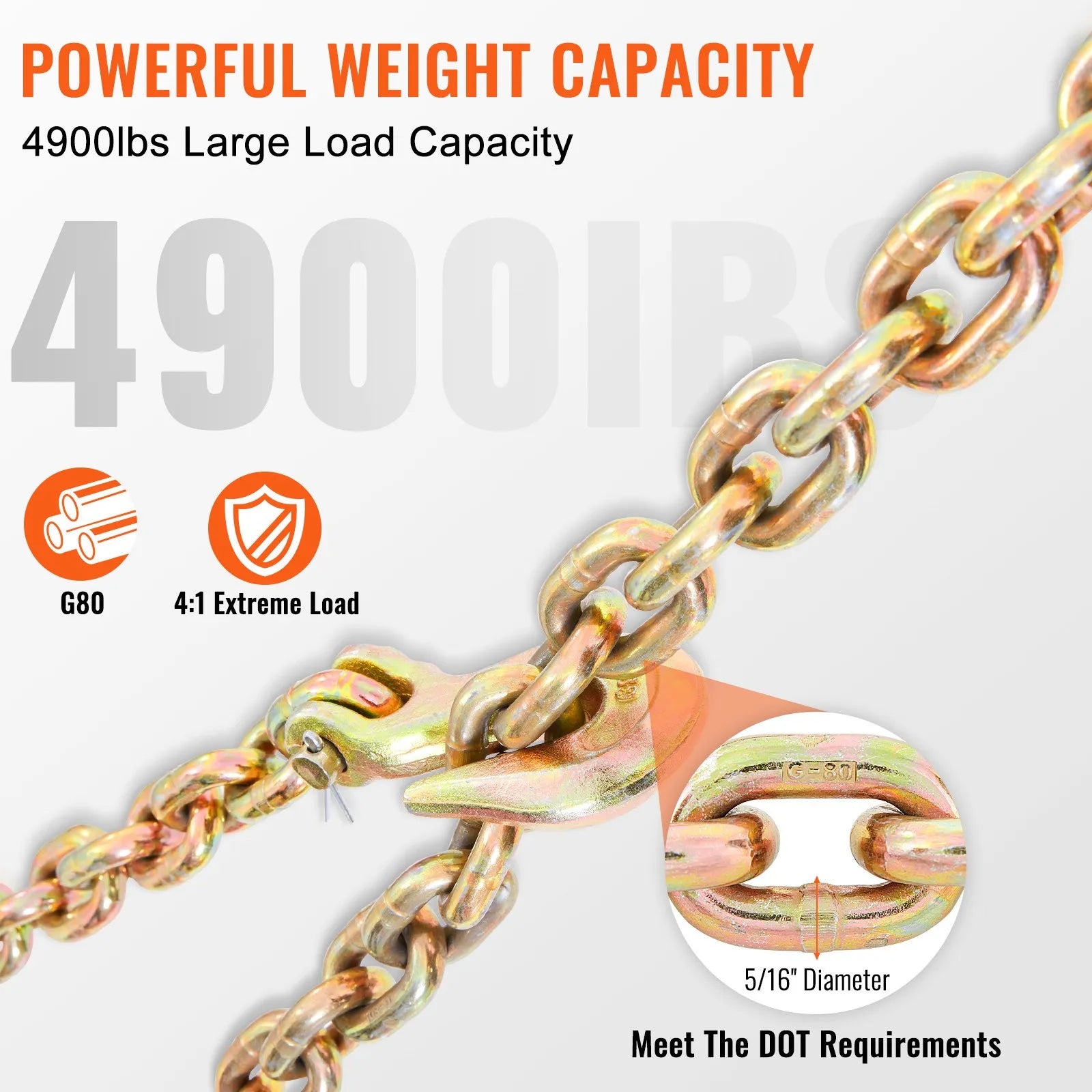 VEVOR Transport Binder Chain, 4900lbs Working Load Limit, 5/16''x20' G80 Tow Chain Tie Down with Grab Hooks, DOT Certified, Galvanized Coating Manganese Steel for Dock Factory Construction Site, 2Pack