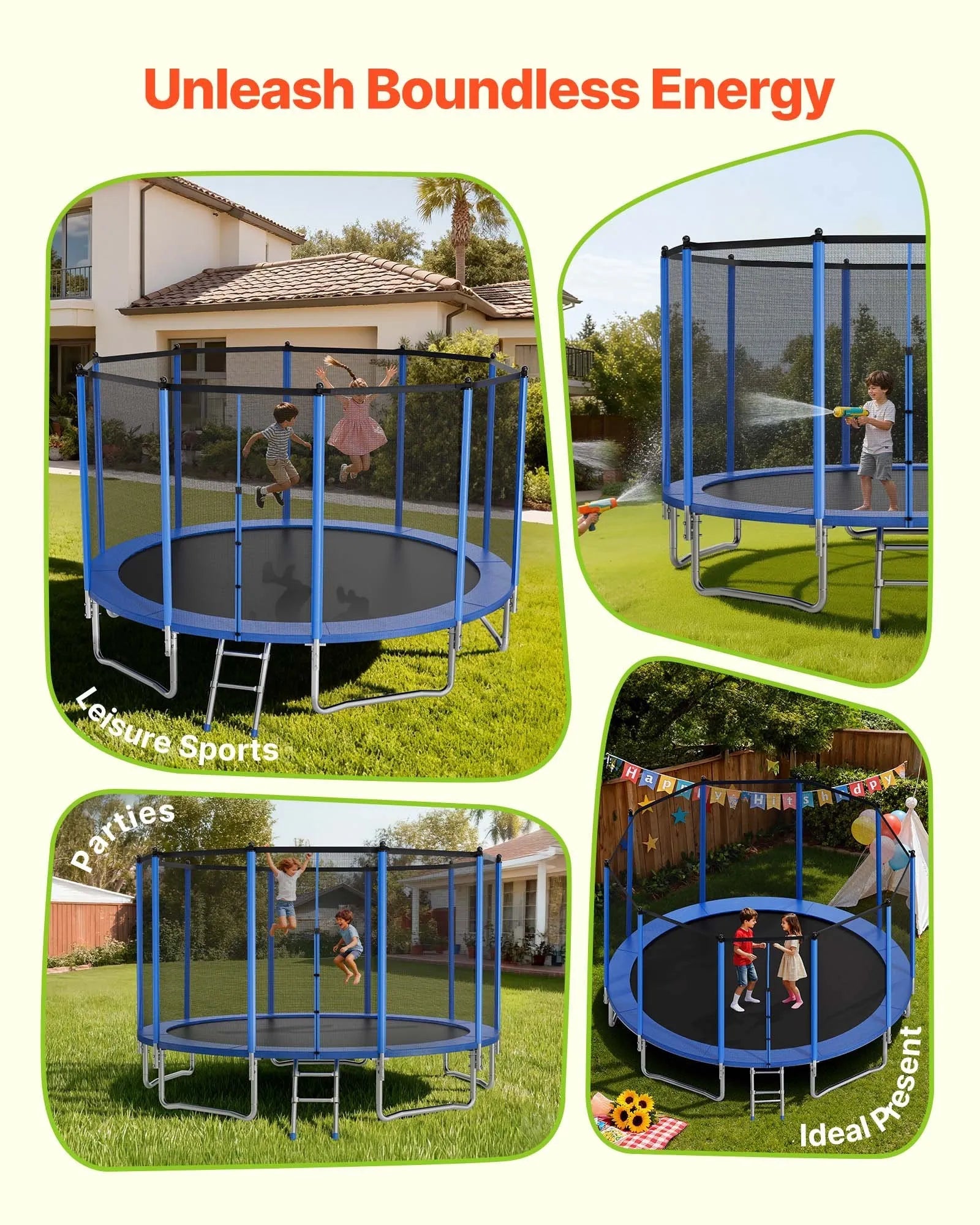 VEVOR Outdoor Trampoline, 15FT Round Recreational Trampoline with Enclosure Net, ASTM Approved, Heavy Duty Trampolines, Max 470 lbs Weight Capacity, Anti-Rust Backyard Trampolines for Kids & Adults