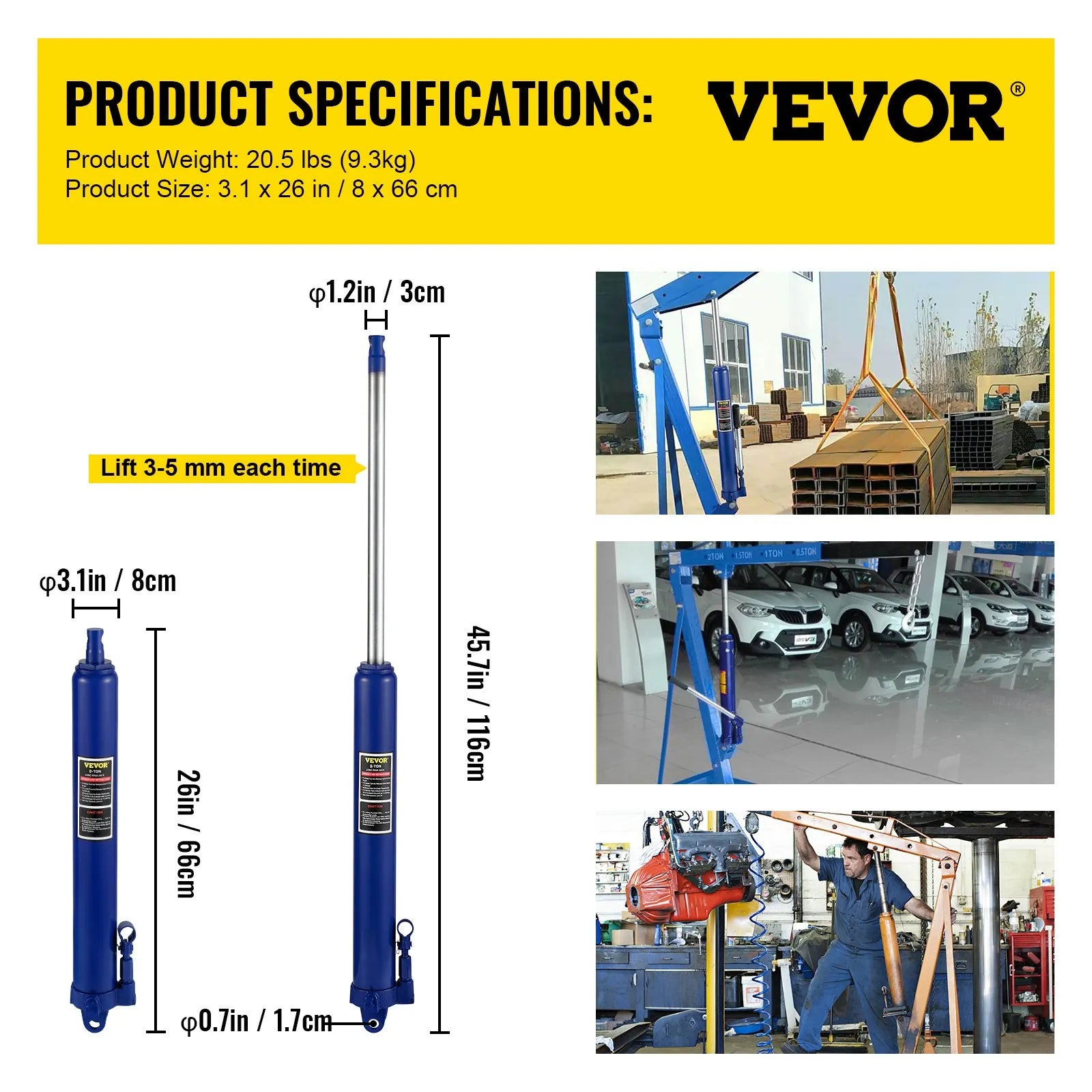 VEVOR Hydraulic Long Ram Jack, 8 Tons/17363 lbs Capacity, with Single Piston Pump and Clevis Base, Manual Cherry Picker with Handle, for Garage/Shop Cranes, Engine Lift Hoist, Blue