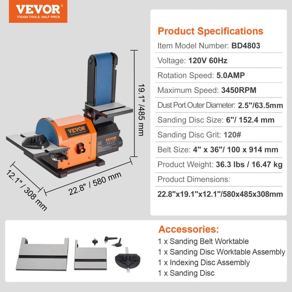 VEVOR Professional Belt Sander, 8" Disc Sander and 4 x 36 in. Belt Sander with 5A Induction Motor Cast Aluminum Worktable for Woodworking, Metalworking