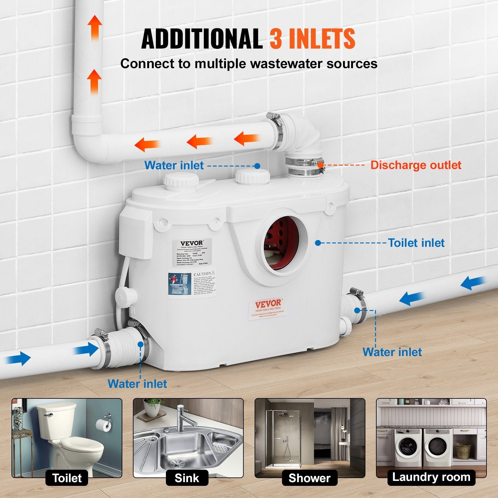 VEVOR Macerating Toilet System with 500W Pump Upflush Toilet For Basement