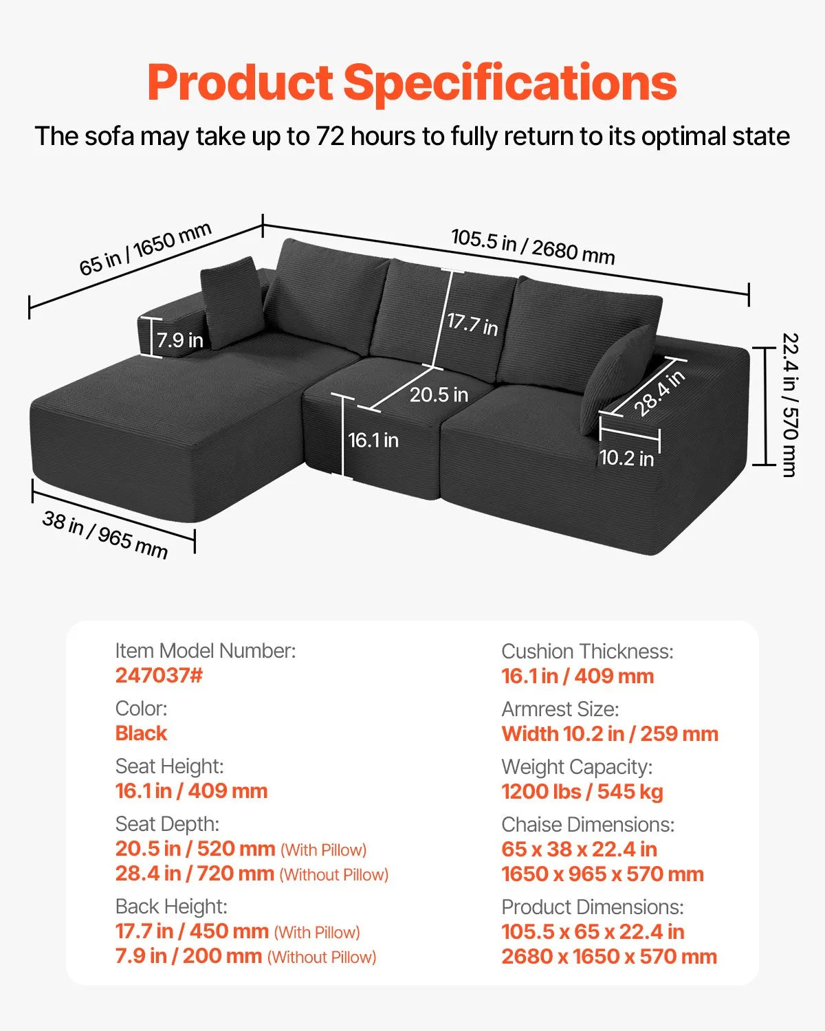 VEVOR Modular Sectional Sofa L Shaped Cloud Couch with Chaise and Cushion Black