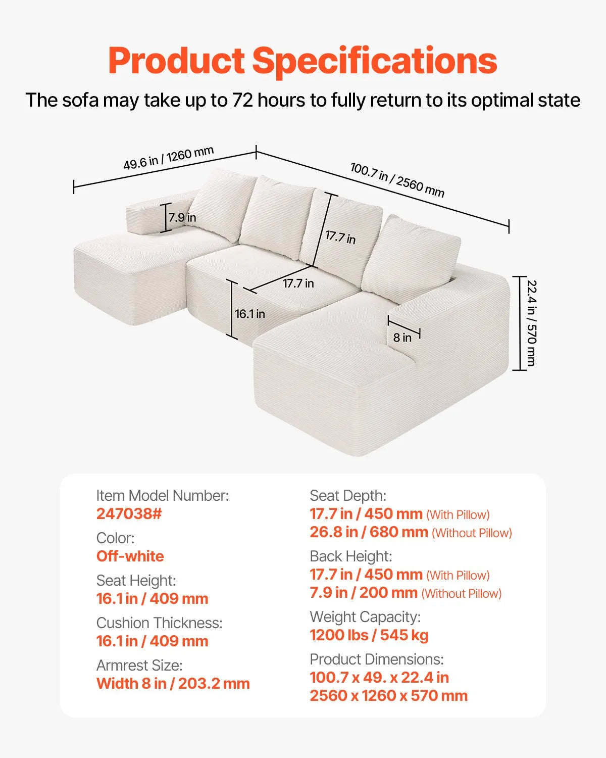 VEVOR Modular Sectional Sofa U Shaped Cloud Couch with Chaise and Cushion Beige