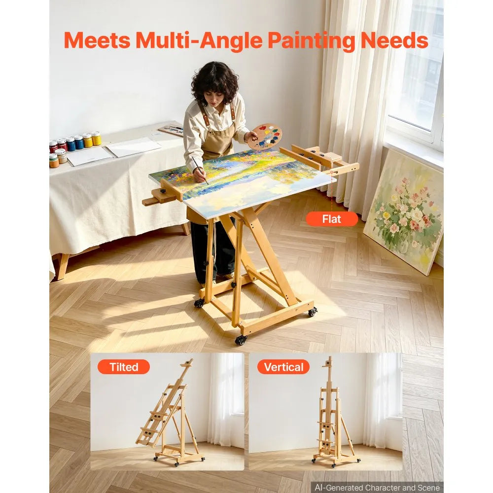 Studio H-Frame Art Easel for 1 or 2 Canvases up to 78.74" – Adjustable Beech Wood Easel with Swivel Wheels
